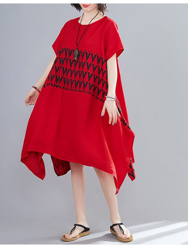 LOOSE GEOMETRIC SPLICING PRINT CROPPED DRESS