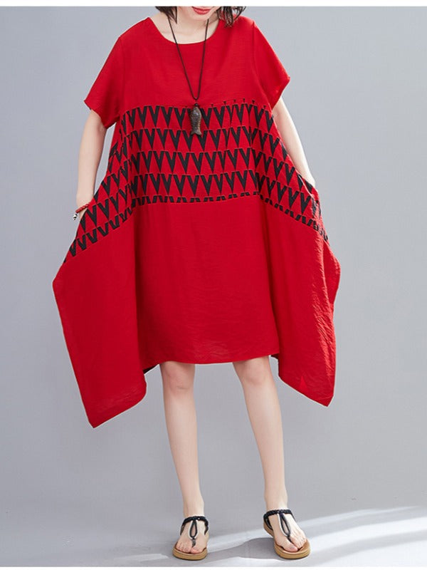 LOOSE GEOMETRIC SPLICING PRINT CROPPED DRESS