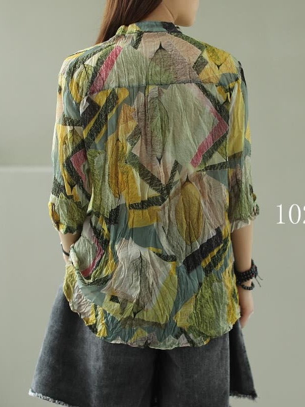 VINTAGE FLORAL THREE-QUARTER SLEEVE STAND COLLAR SHIRT