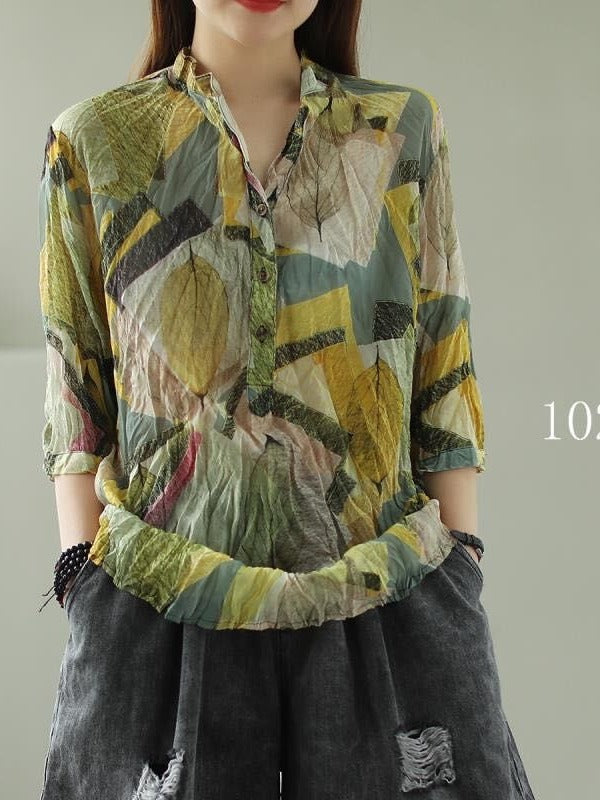 VINTAGE FLORAL THREE-QUARTER SLEEVE STAND COLLAR SHIRT