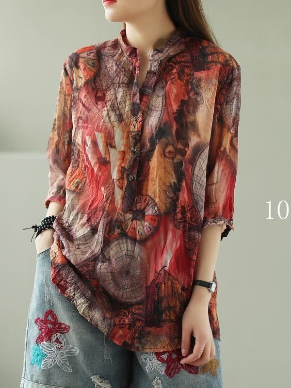 VINTAGE FLORAL THREE-QUARTER SLEEVE STAND COLLAR SHIRT