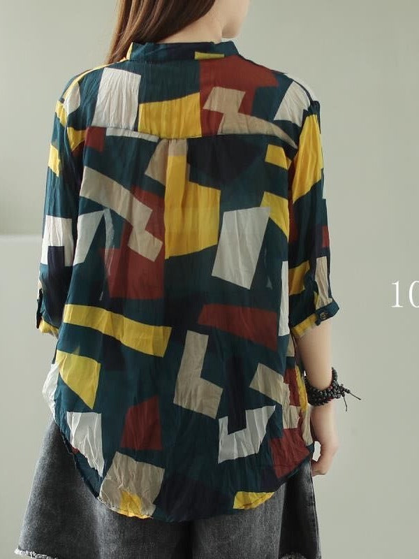 VINTAGE FLORAL THREE-QUARTER SLEEVE STAND COLLAR SHIRT