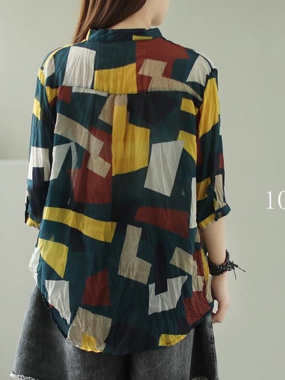 VINTAGE FLORAL THREE-QUARTER SLEEVE STAND COLLAR SHIRT