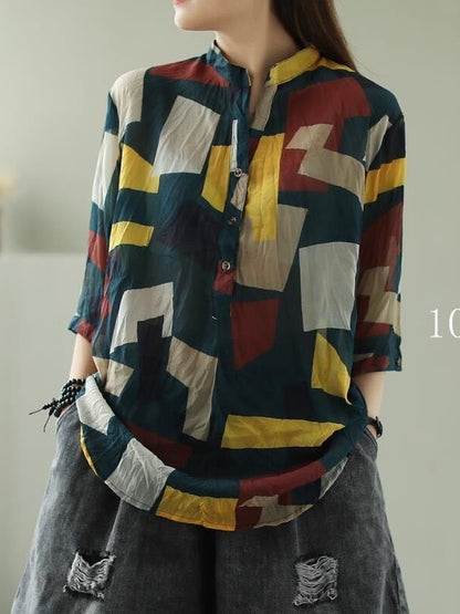 VINTAGE FLORAL THREE-QUARTER SLEEVE STAND COLLAR SHIRT