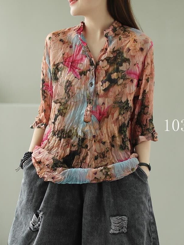 VINTAGE FLORAL THREE-QUARTER SLEEVE STAND COLLAR SHIRT