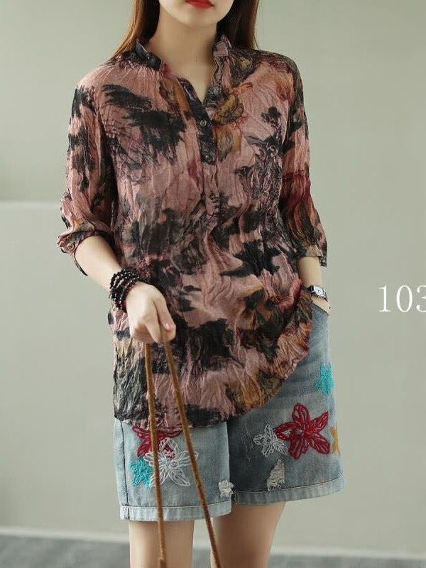 VINTAGE FLORAL THREE-QUARTER SLEEVE STAND COLLAR SHIRT