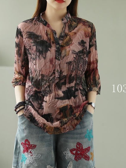 VINTAGE FLORAL THREE-QUARTER SLEEVE STAND COLLAR SHIRT