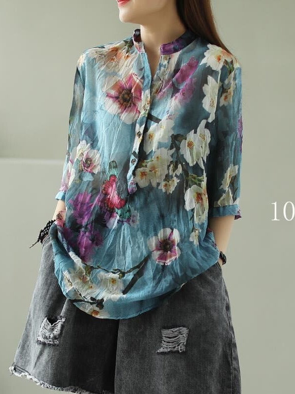 VINTAGE FLORAL THREE-QUARTER SLEEVE STAND COLLAR SHIRT