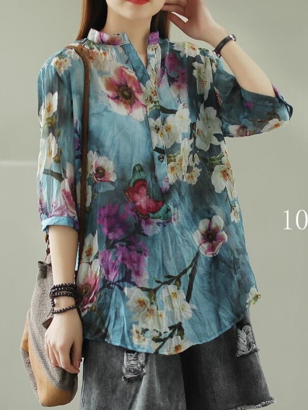VINTAGE FLORAL THREE-QUARTER SLEEVE STAND COLLAR SHIRT