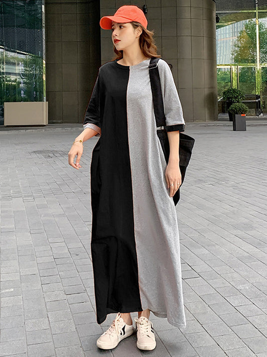 Casual Color Matching Round-Neck Long Sleeves Maxi Dress
