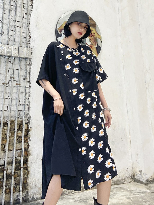 DAISY PRINT SPLICING CROPPED DRESS