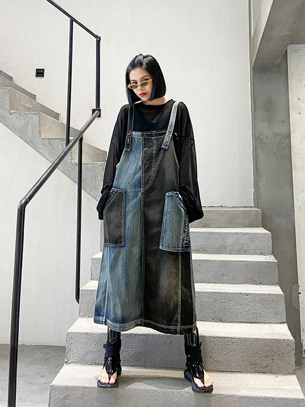 Contrast Color Splicing Sleeveless Jean Dress