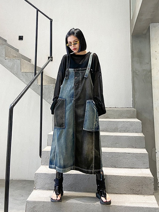 Contrast Color Splicing Sleeveless Jean Dress