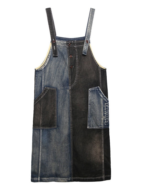 Contrast Color Splicing Sleeveless Jean Dress