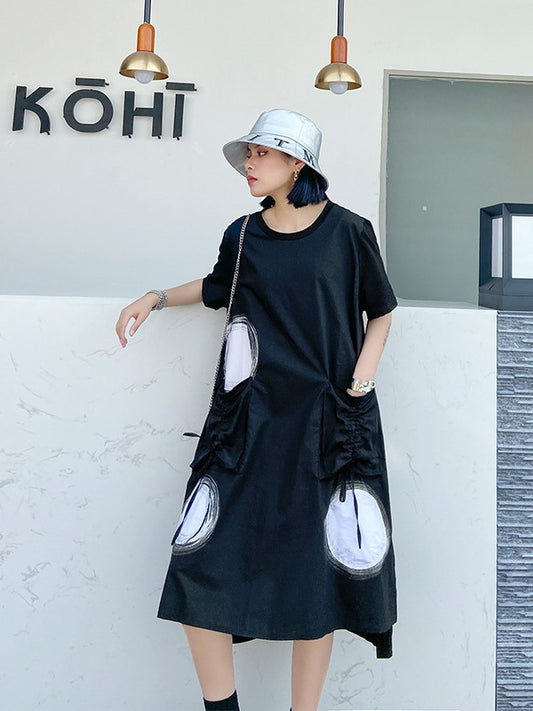 LOOSE POLKA-DOT ROUND-NECK LONG DRESS