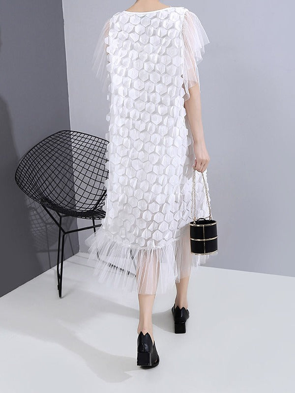 SOLID CHIFFON SPLICING PETAL SLEEVE CROPPED ROUND NECK DRESS