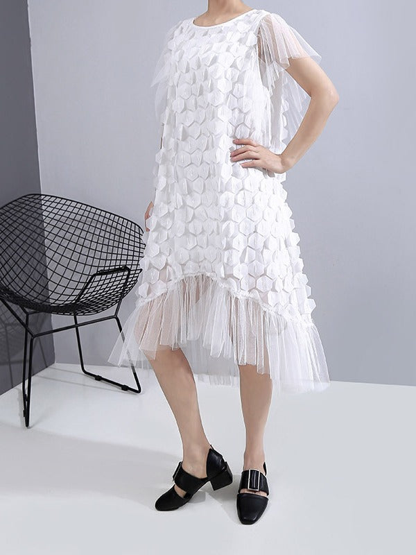 SOLID CHIFFON SPLICING PETAL SLEEVE CROPPED ROUND NECK DRESS