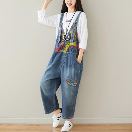 Buykud Printed Frayed Casual Loose Denim Jumpsuit
