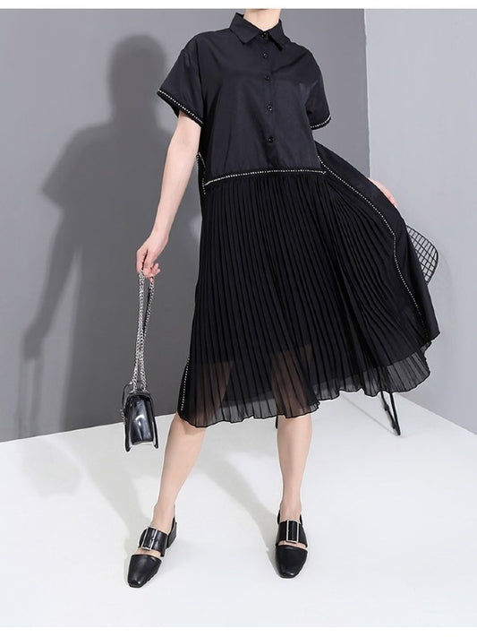 LOOSE CASUAL PLEATED SPLICING DRESS
