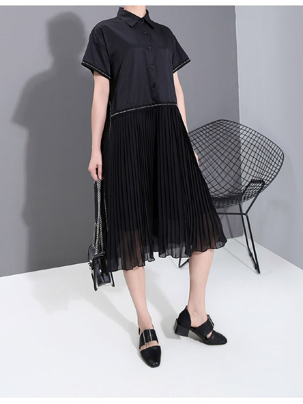 LOOSE CASUAL PLEATED SPLICING DRESS