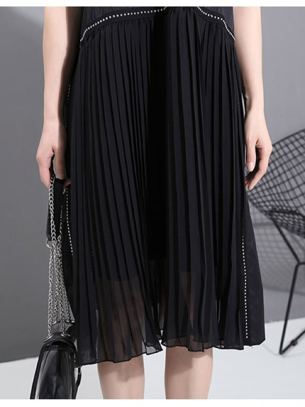 LOOSE CASUAL PLEATED SPLICING DRESS