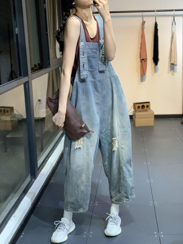 Vintage Gradient Split-Joint Denim Overalls