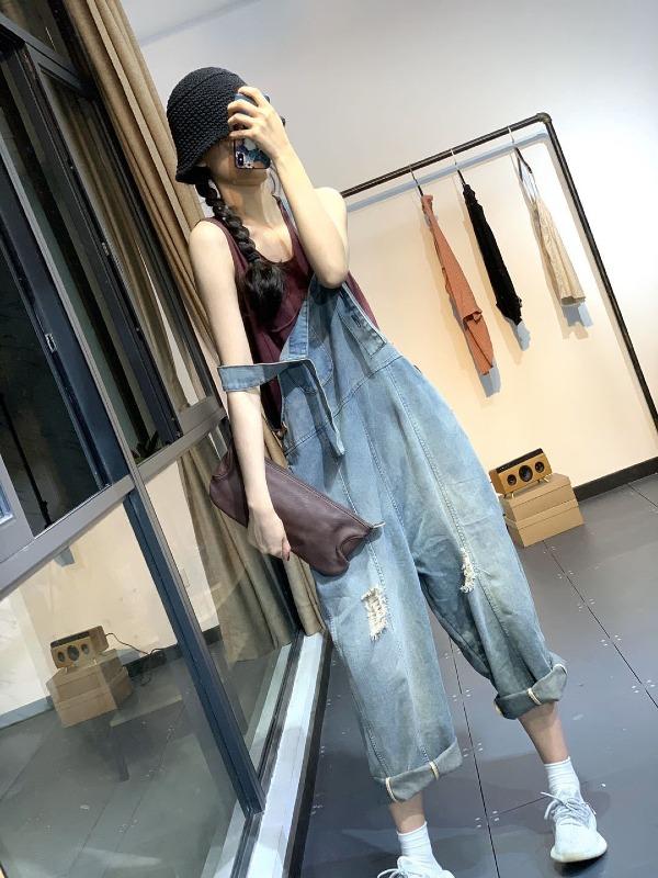 Vintage Gradient Split-Joint Denim Overalls