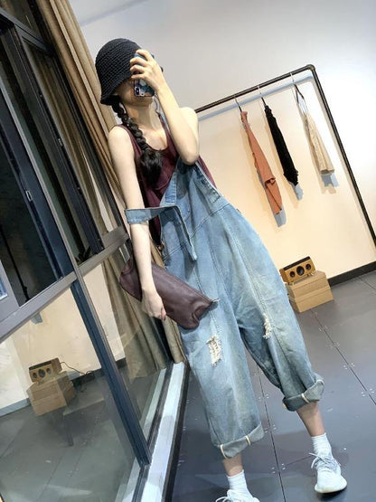Vintage Gradient Split-Joint Denim Overalls