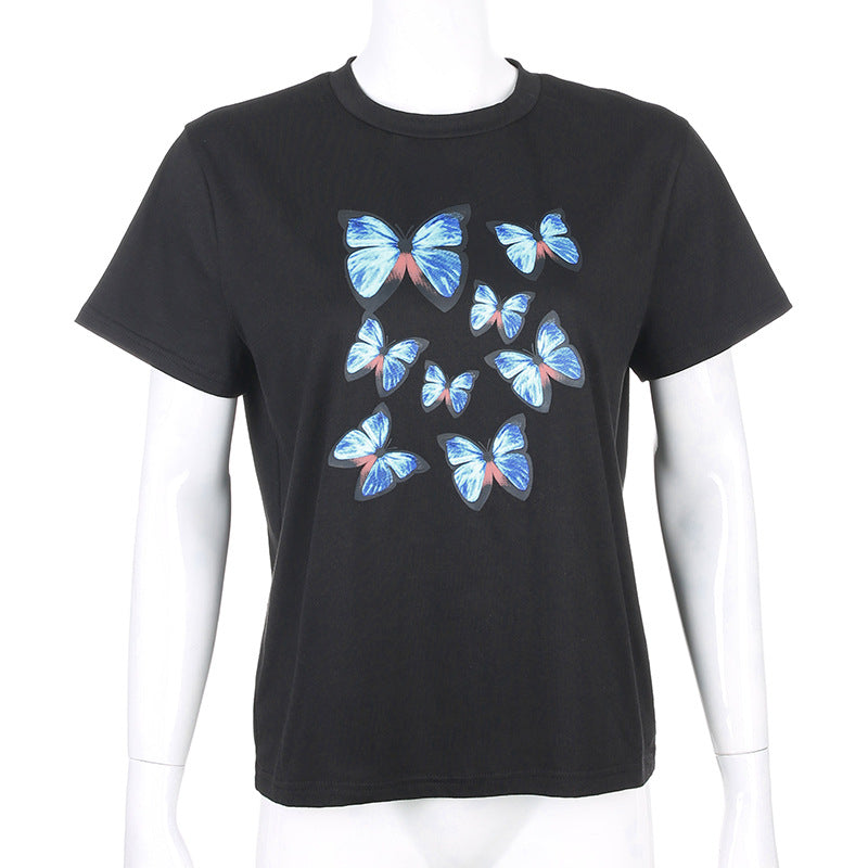 loose thin color butterfly print short-sleeved casual wild top ACTIVEWEAR