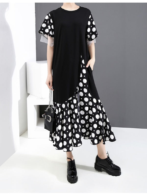 FALSE TWO POLKA-DOT SPLICING FALBALA DRESS