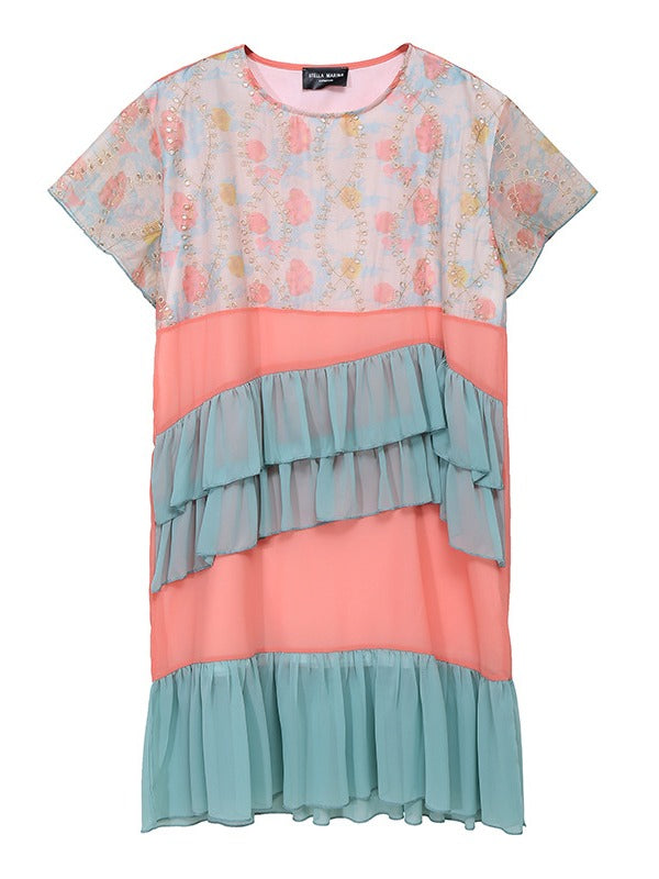 LOOSE CONTRAST COLOR FALBALA ROUND NECK DRESS