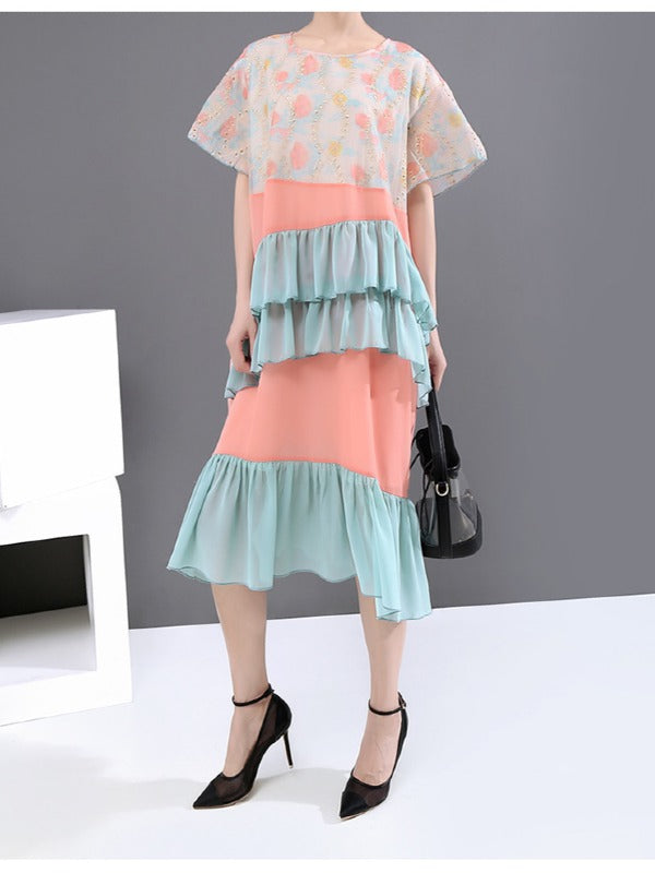 LOOSE CONTRAST COLOR FALBALA ROUND NECK DRESS