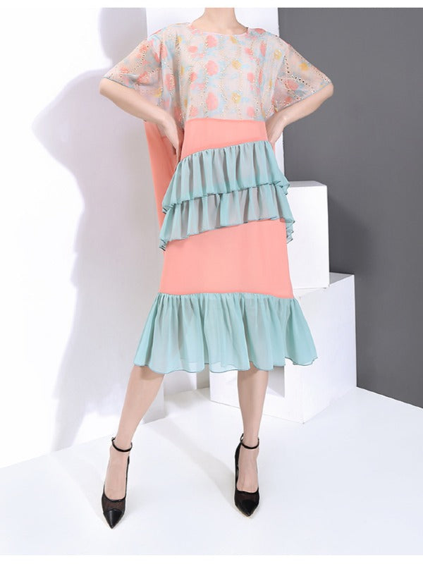 LOOSE CONTRAST COLOR FALBALA ROUND NECK DRESS