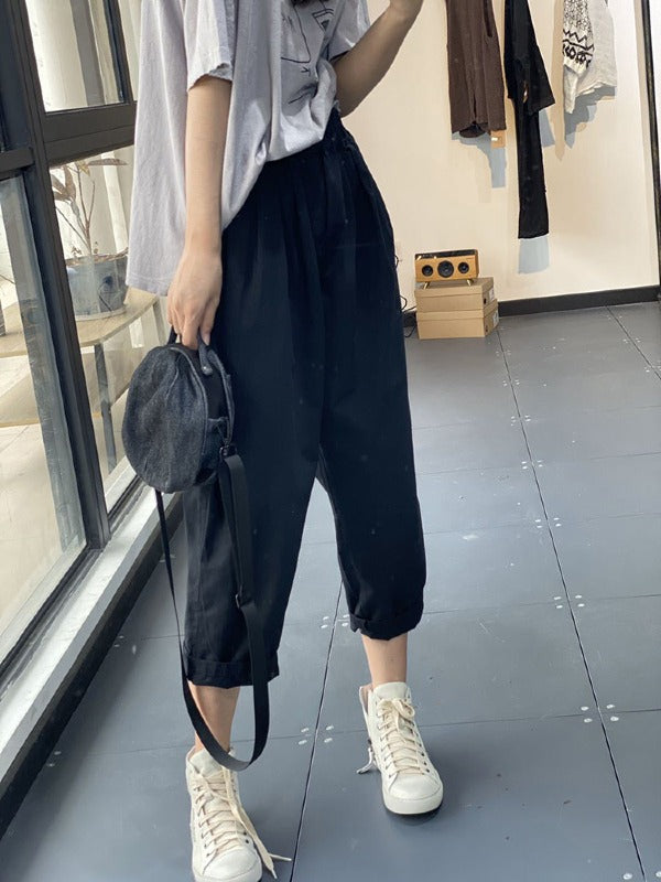 SIMPLE CASUAL ELASTICITY SOLID WIDE LEG PANTS