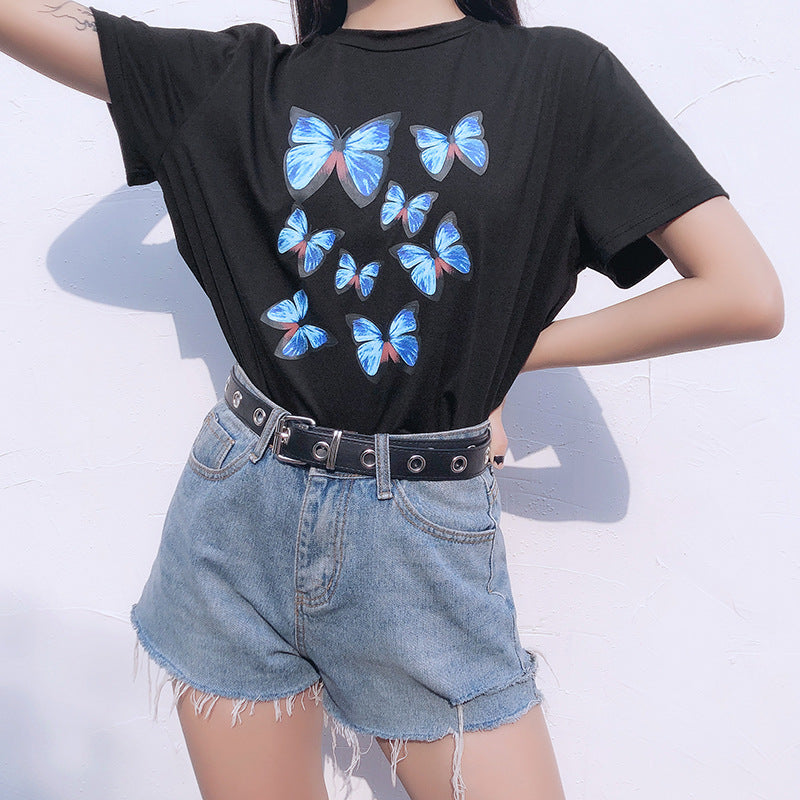 loose thin color butterfly print short-sleeved casual wild top ACTIVEWEAR