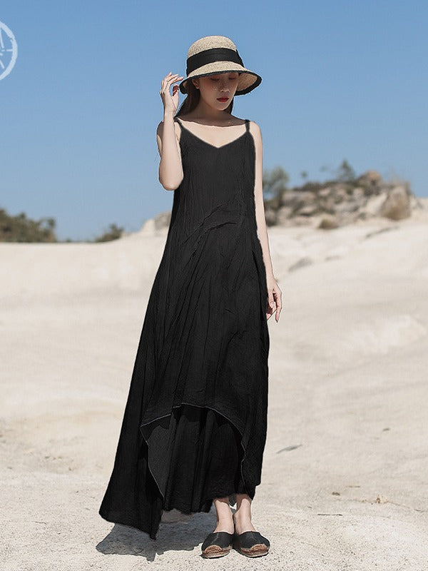 LINEN DOUBLE-LAYER GRADIENT SLEEVELESS MAXI DRESS