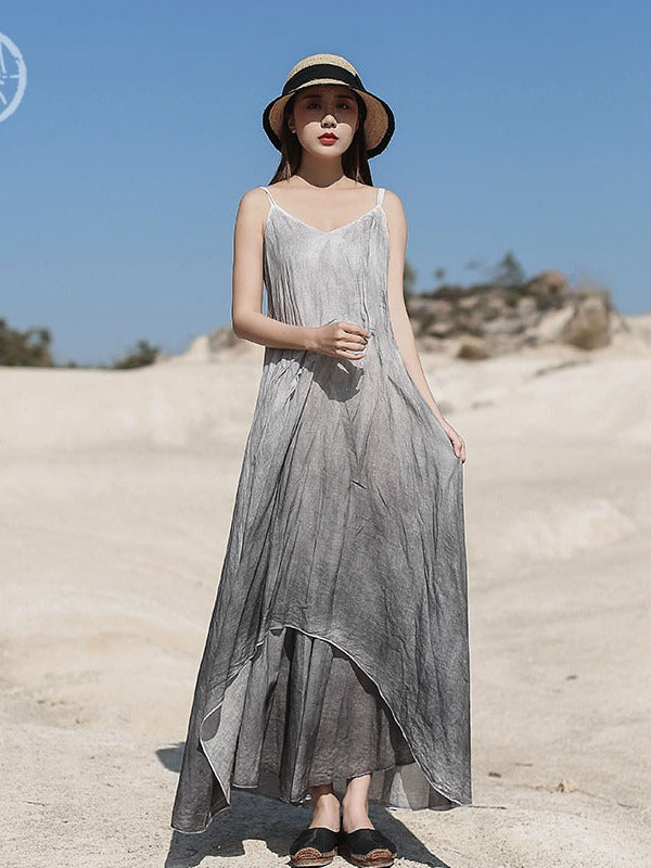 LINEN DOUBLE-LAYER GRADIENT SLEEVELESS MAXI DRESS