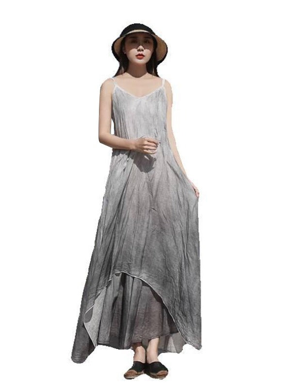 LINEN DOUBLE-LAYER GRADIENT SLEEVELESS MAXI DRESS