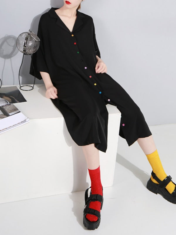 Solid Color Loose Lapel Short Sleeves Dress