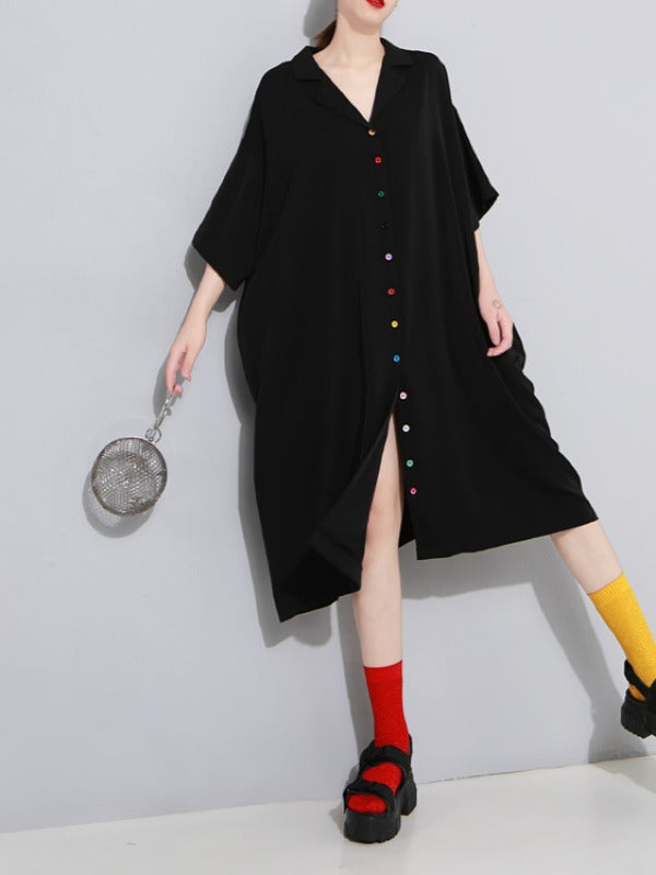 Solid Color Loose Lapel Short Sleeves Dress
