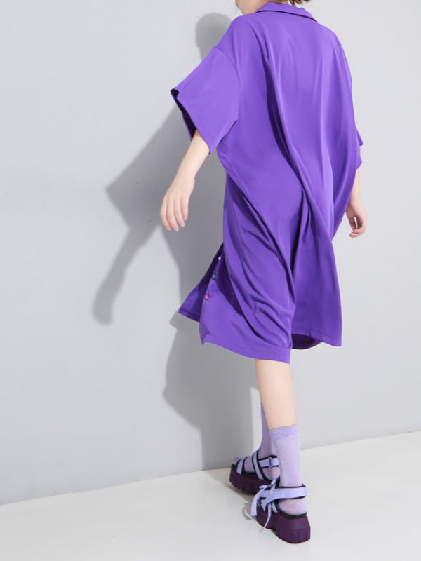 Solid Color Loose Lapel Short Sleeves Dress