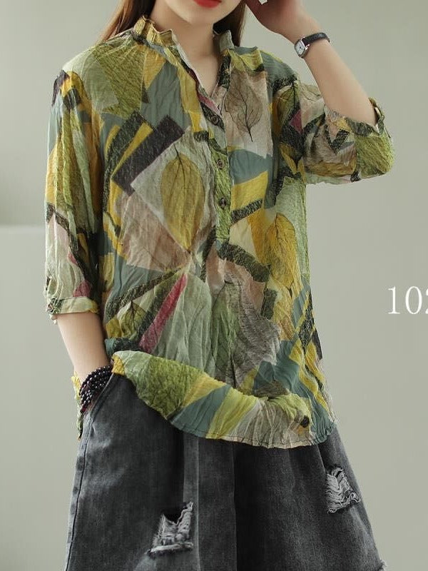 VINTAGE FLORAL THREE-QUARTER SLEEVE STAND COLLAR SHIRT