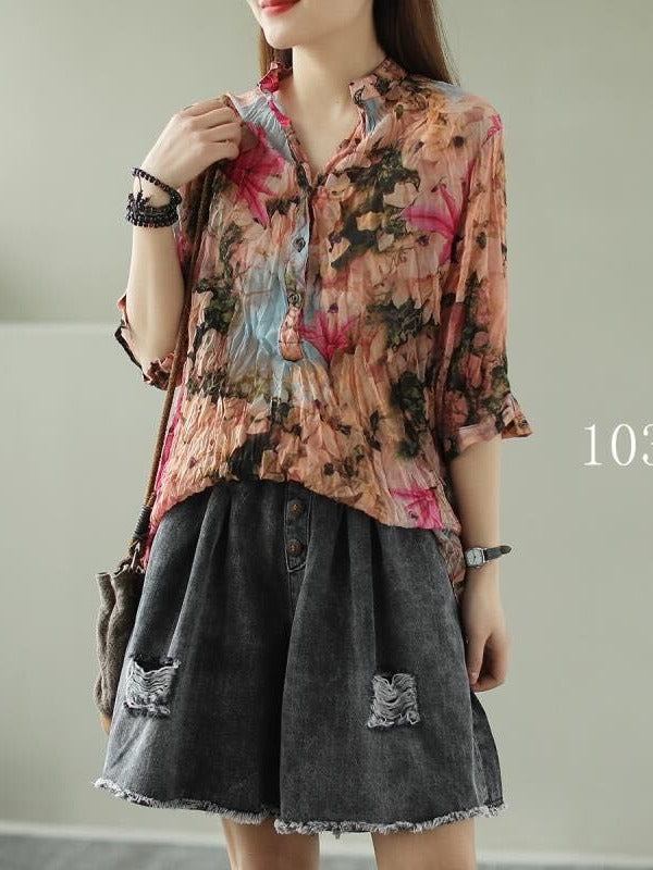 VINTAGE FLORAL THREE-QUARTER SLEEVE STAND COLLAR SHIRT