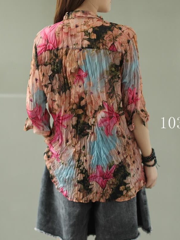 VINTAGE FLORAL THREE-QUARTER SLEEVE STAND COLLAR SHIRT