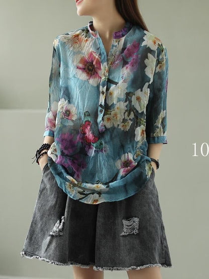 VINTAGE FLORAL THREE-QUARTER SLEEVE STAND COLLAR SHIRT
