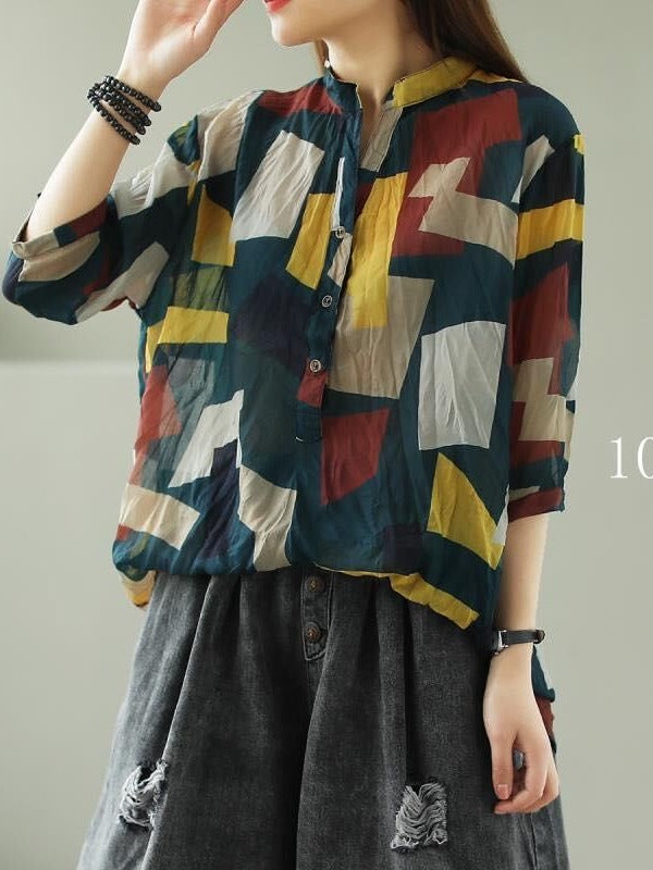 VINTAGE FLORAL THREE-QUARTER SLEEVE STAND COLLAR SHIRT