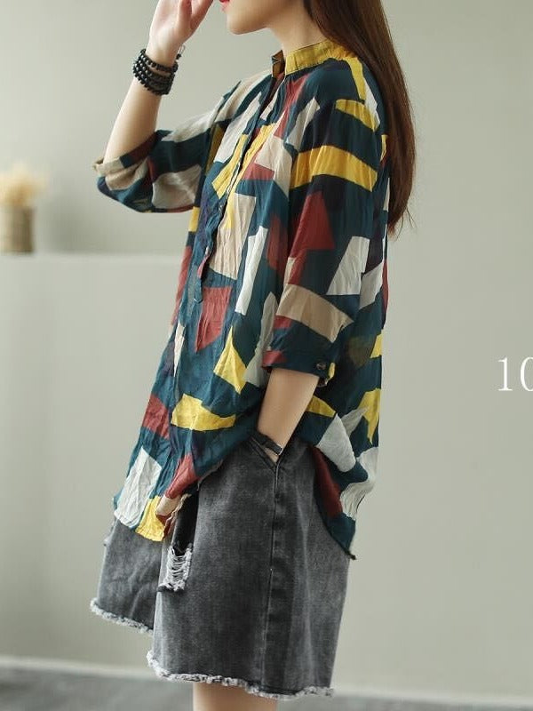 VINTAGE FLORAL THREE-QUARTER SLEEVE STAND COLLAR SHIRT