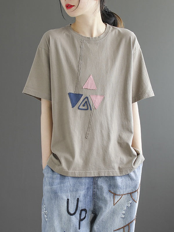 4 COLORS APPLIQUE ROUND-NECK T-SHIRT