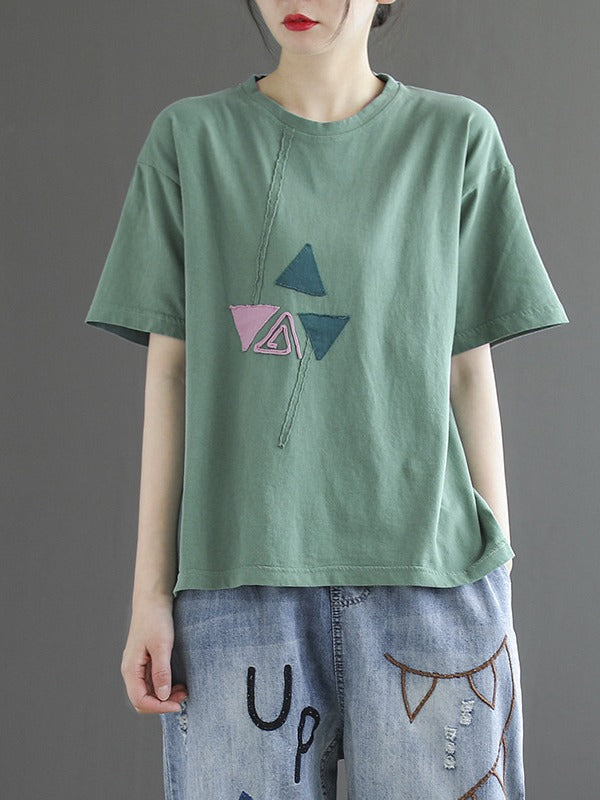 4 COLORS APPLIQUE ROUND-NECK T-SHIRT