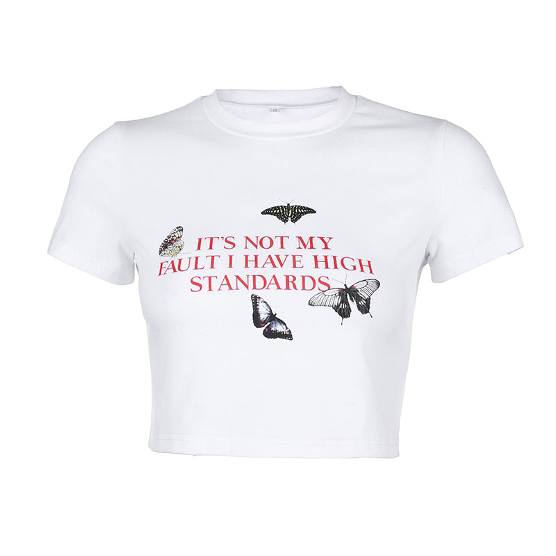 Color butterfly letter printed short T-shirt sleeve top ACTIVEWEAR